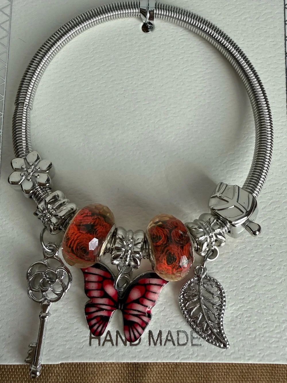 Mint Silver-Tone Charm Bracelet with Red-Pink Butterfly and Orange Beads